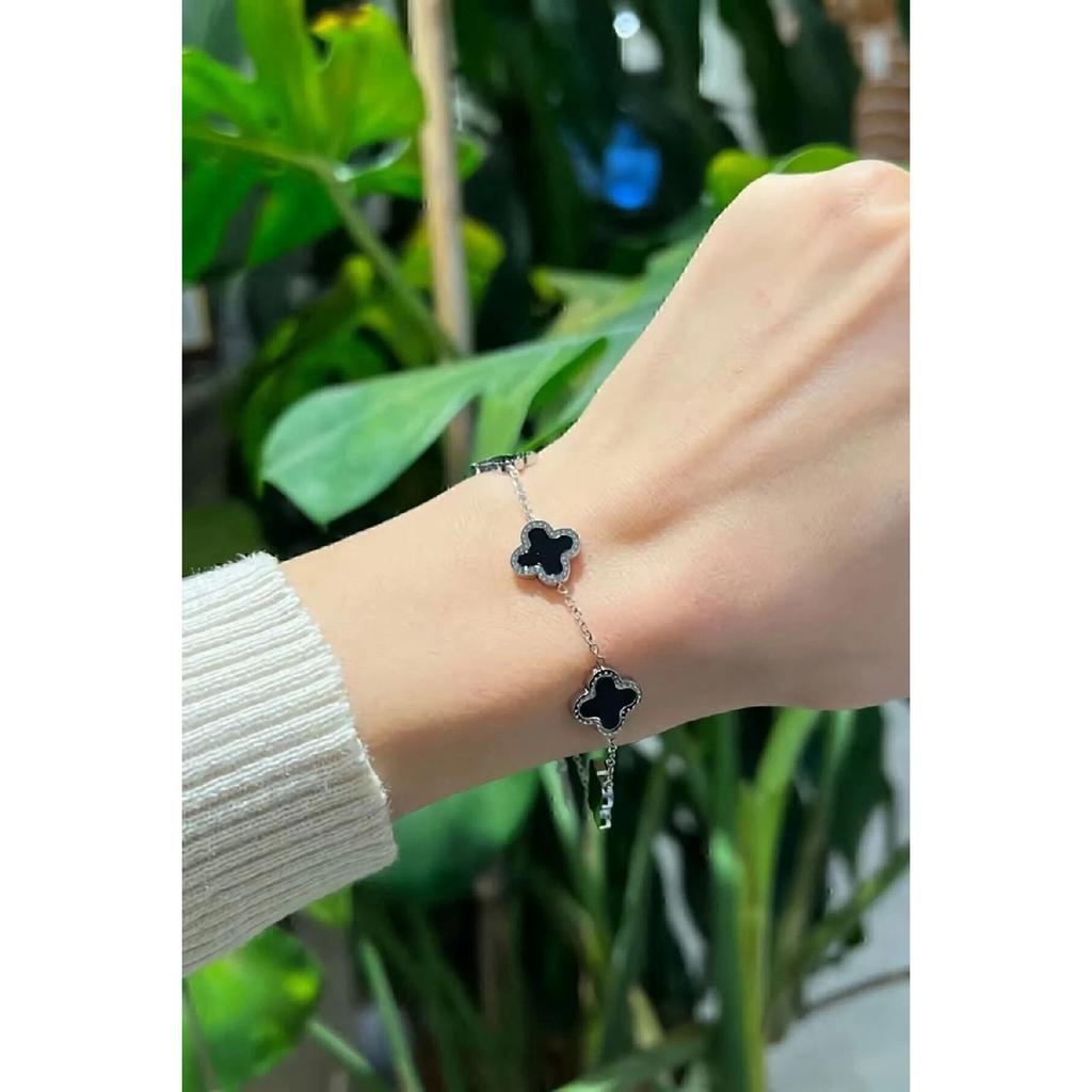 Silver Color Black Mother-of-pearl Clover Steel Bracelet