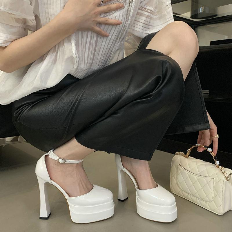 Fashion 2025 Super High Heel  Waterproof Platform Wedding Shoes Patent Leather High Heels Thick Heel Performance Host A Single Shoes