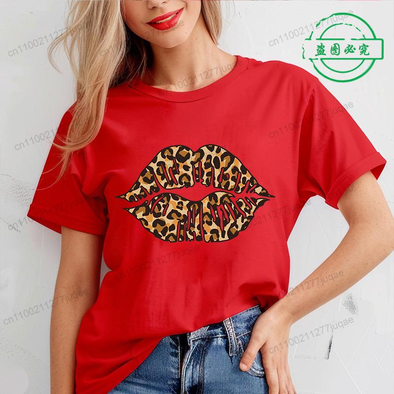 Valentine Heart Printed T Shirt for Women Leopard Heart T-shirt Girl Short Sleeve Crew Neck Casual Top for Summer Women Clothing