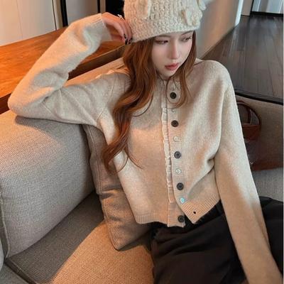 Autumn Winter Lace Splicing Knitted Sweater Short Cardigan Jacket Loose Crew Neck Foreign Style Fashion Solid Sweaters for Women