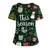 Women's Christmas Print V-Neck Double Pocket Short Sleeves Hem Slit  Uniform And Caregiver Top