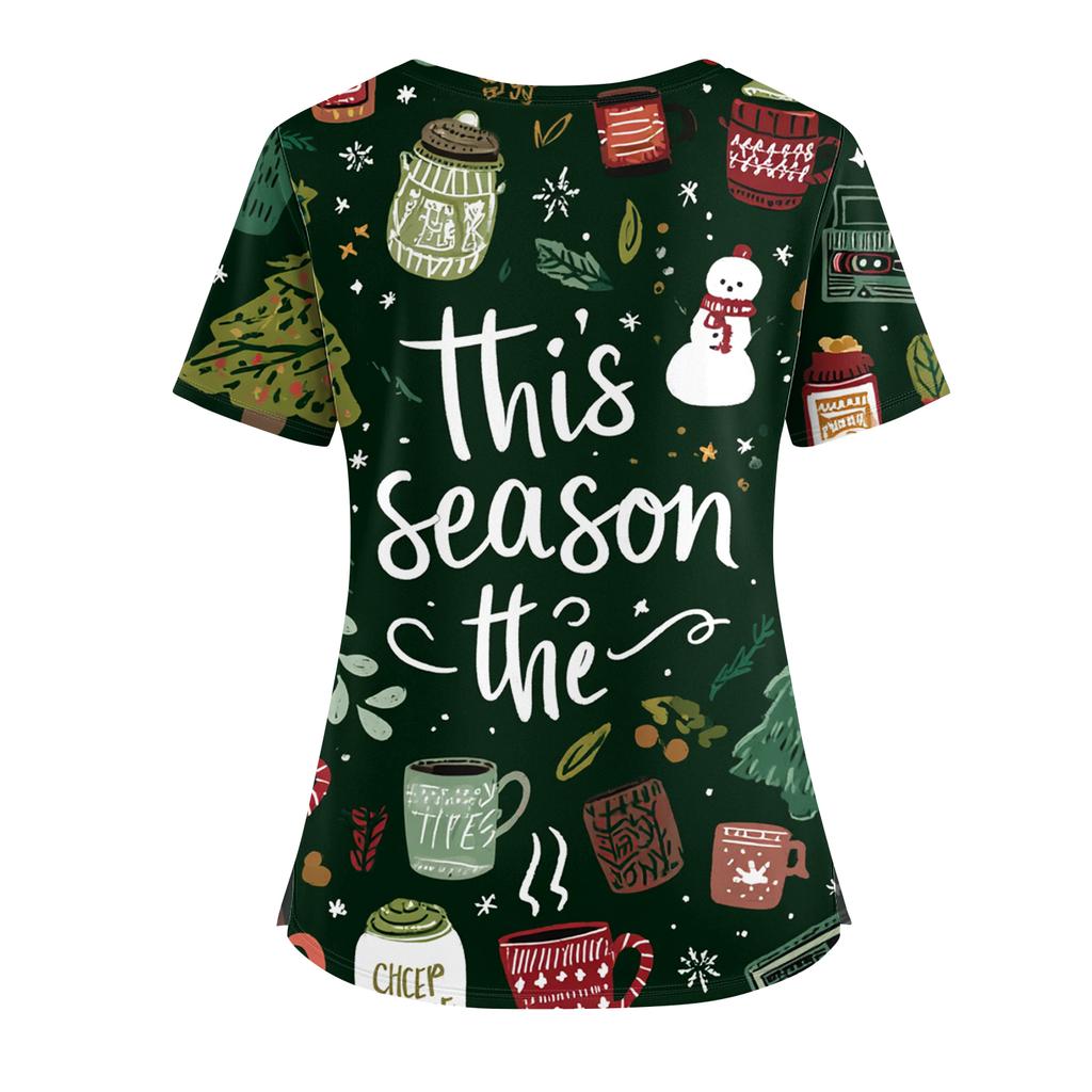Women's Christmas Print V-Neck Double Pocket Short Sleeves Hem Slit  Uniform And Caregiver Top