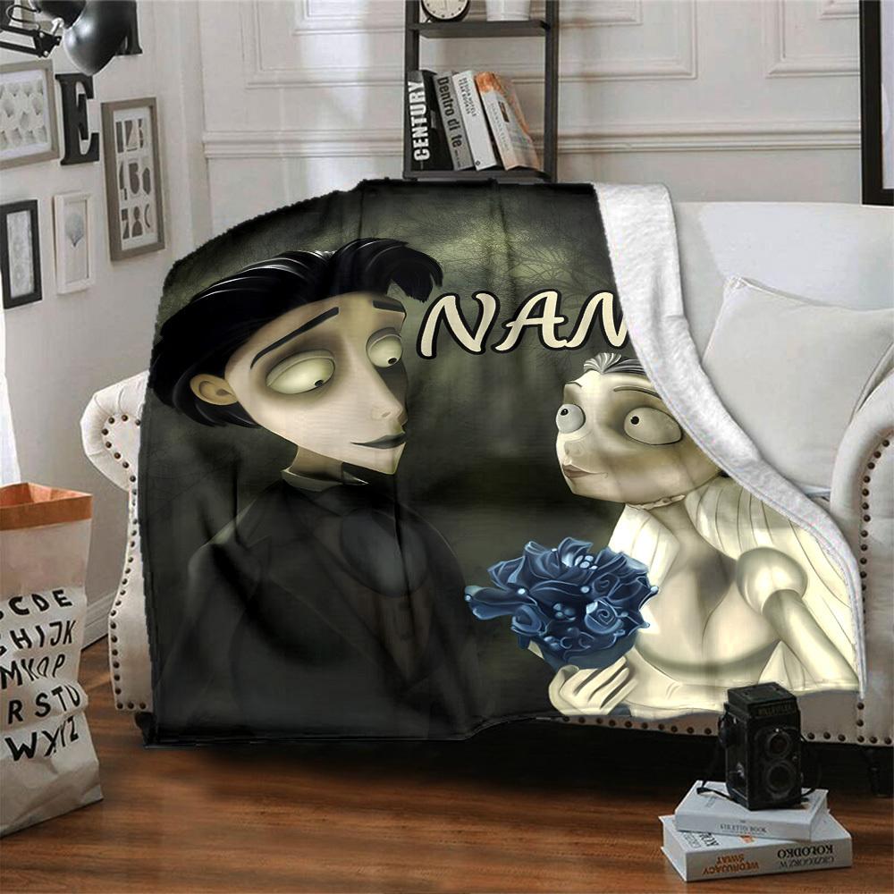 Gothic Couple In A Moonlit Forest Holding Blue Flowers Throw Personalized Blanket Customize Text Comfortable Versatile For Sofa Couch Office Bed