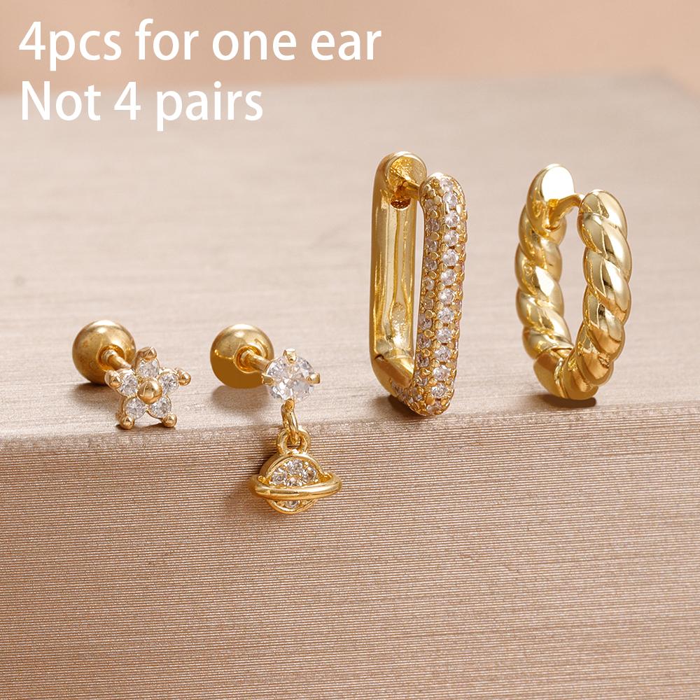 4PCS Fashion Star Moon Stainless Steel Zircon Stud Earrings Set For Women 114K Gold Plated Earring Classic Huggie Daily Jewelry