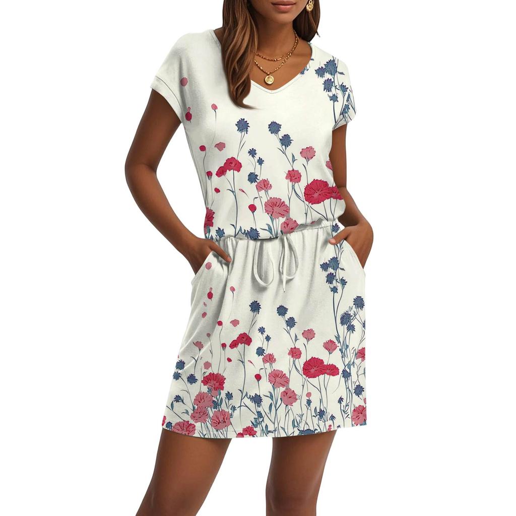Women's Fashion V-Neck Short Sleeve Drawstring With Pocket Printed Casual Dresses
