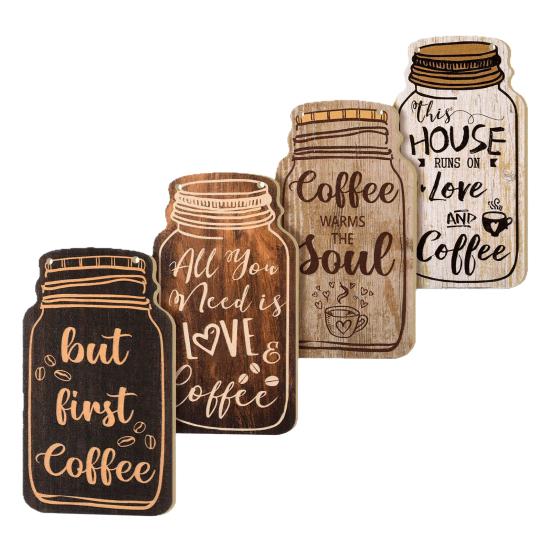 Coffee Bar Accessories 4Pcs Wooden Wall Sign, Farmhouse Rustic Mason Jar Hanging Restaurant Decorative Wood Plaque Decoration, Art for Cafe