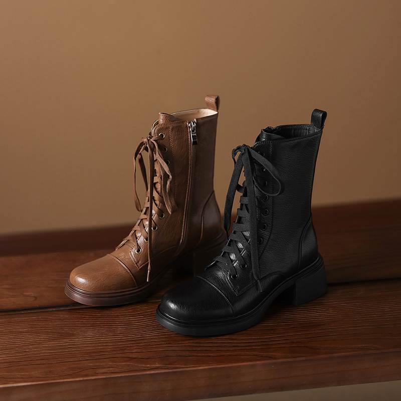 Krazing Pot Cow Skin Round Toe Thick Heels Motorcycle Boots Size 42 Lace Up Women Keep Warm Mid-calf Boots