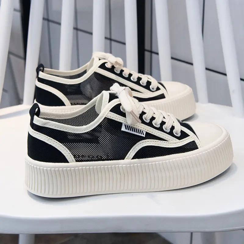 High On Platform Lace Up Low Round Toe Black Mesh Breathable Canvas Female Footwear Women's Shoes Daily Routine Y2k Fashion 2025