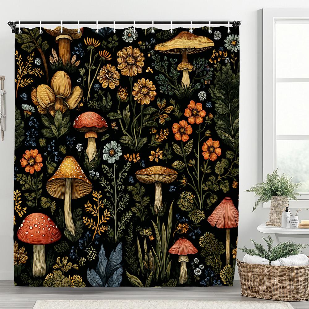 Duschdraperi med Växter och Blommor och Svampar, Blommig Botanisk Vintage Bohemisk Stil Badrum Dekorativt Duschdraperi