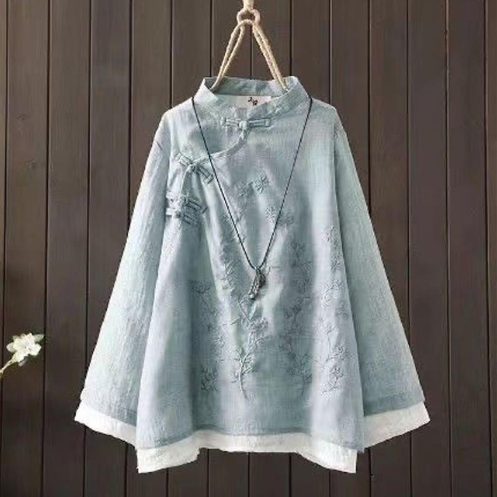 Robe à thé chinoise vintage pour femme, coupe ample, patchwork, brodée, col boutonné, col rond, en mélange coton lin
