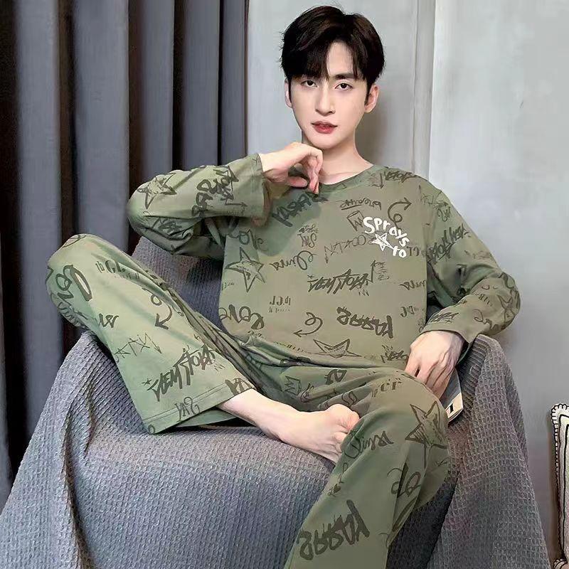 2Pcs/Set Men Pajamas Set Spring Autumn O-neck Long Sleeve Plaid Letter Print Tops Elastic Waist Long Pants Set Male Sleepwear Home Wear