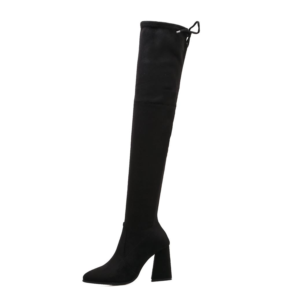 Höst och vinter spetsig tjockklackad högklackad känga dam knähög känga mocka elastisk tunn känga hög tunn känga