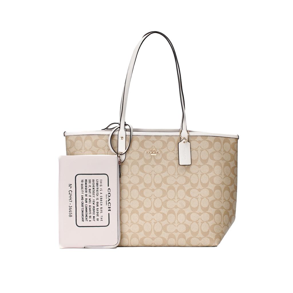 New COACH Canvas With Leather Tote Bag, Shopping Bag, Combo Bag, Handbag, Shoulder Bag Large Women's White & Khaki Monogram 36658-IMDQC