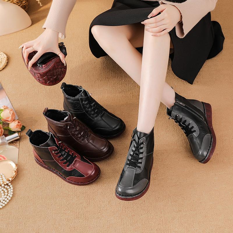 New natural leather ankle boots women lace up winter shoes round toe flat booties woman warm short plush boot lady luxury shoes
