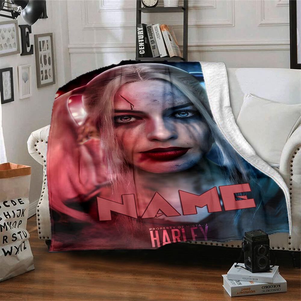 Harley Quinn Chaos Portrait Throw Customizable Blanket Personalized Name Soft Cozy Versatile For Sofa Couch Office Bed Picnics Allseason Use Modern