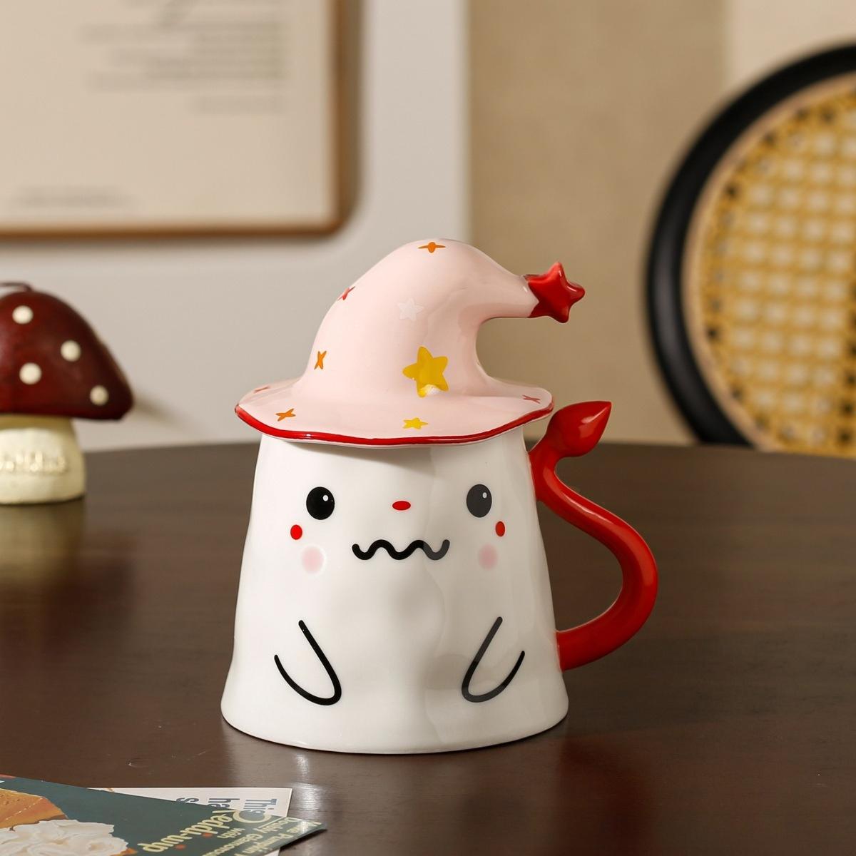 Cute Ghost Ceramic Mug with Lid Couple Coffee Milk Tea Water Cup Funny Emoji Breakfast Cups Halloween Household Drinkware 390ML