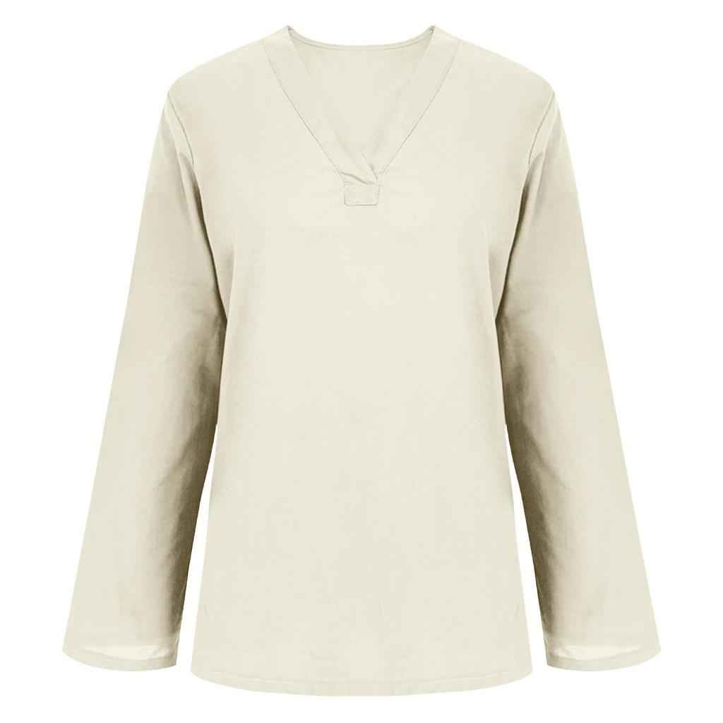 Women's Fashion Casual Cotton Linen V-Neck Long Sleeve Pullover Top