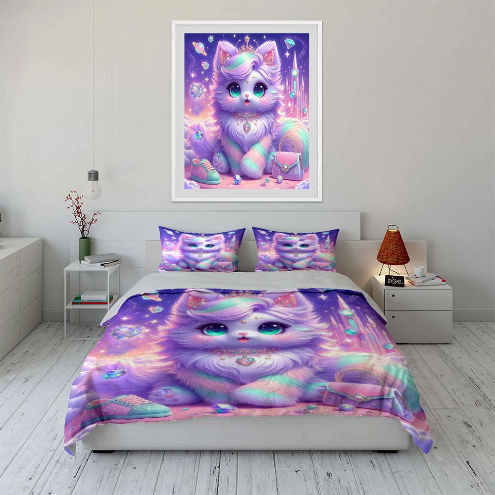 Dreamy Colorful Cat With Magic Gems Printed Duvet Cover Set1 Duvet Cover+2 Pillowcasemulti Size Bedroom Bedding Decor