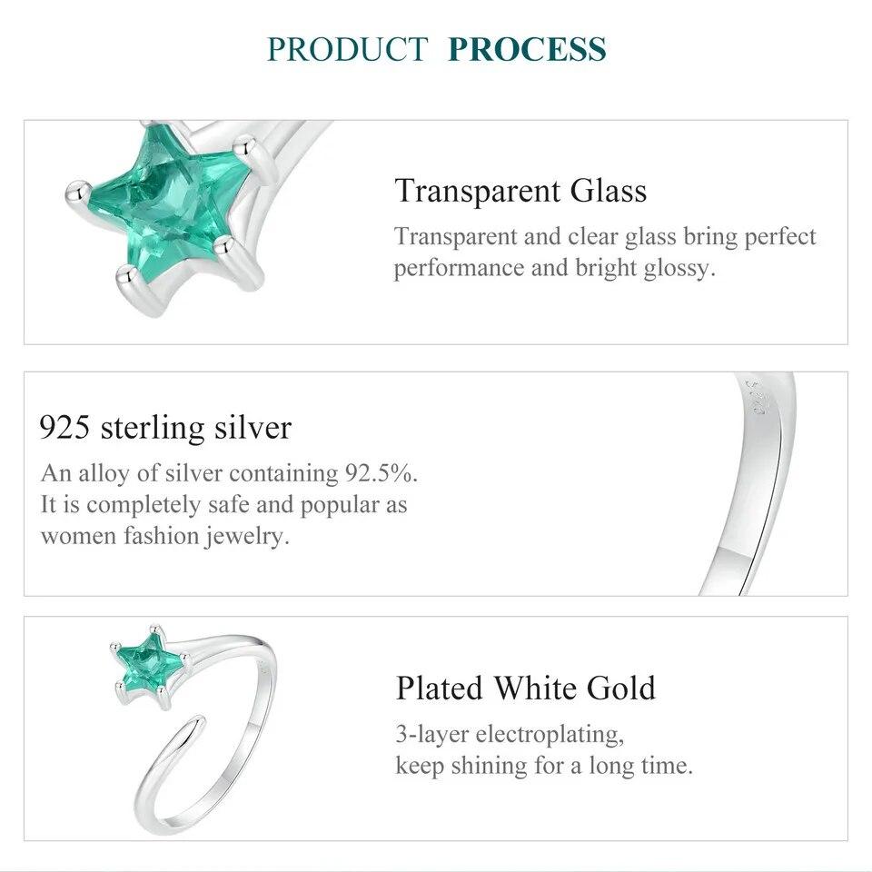 Bamoer 925 Sterling Silver Meteor Opening Ring Green Star Adjustable Ring for Women Birthday Gift Fine Jewelry