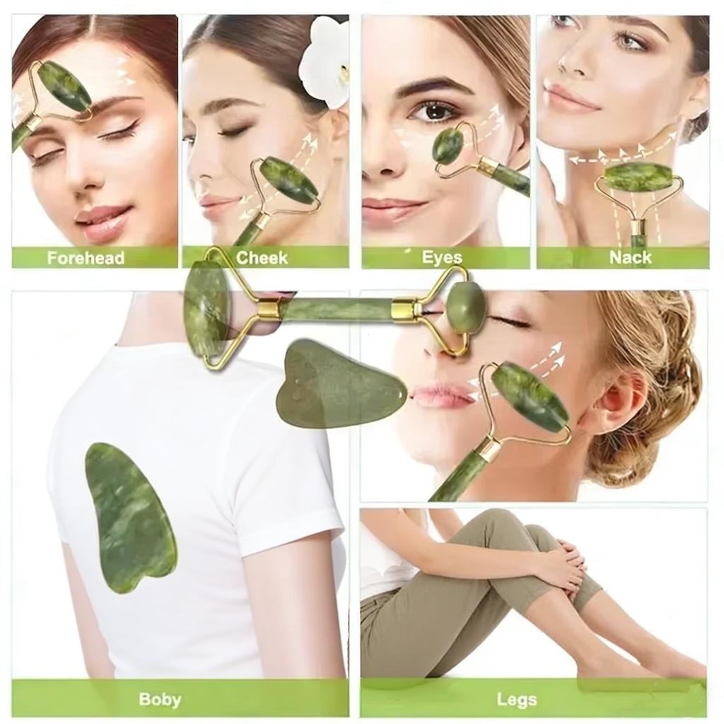 2 Piece Set of Double Head Facial Rollers & Gua Sha - Heart Shaped Scraper, Portable Body Massage Tool,Face Roller Set