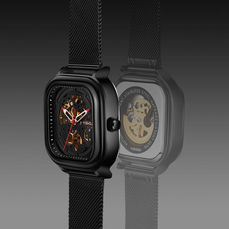 Marken Herren Quadratisch Skelett Mechanisch Wasserdicht Stahlarmband Uhr - Douyin Internetberühmtheit Bestseller