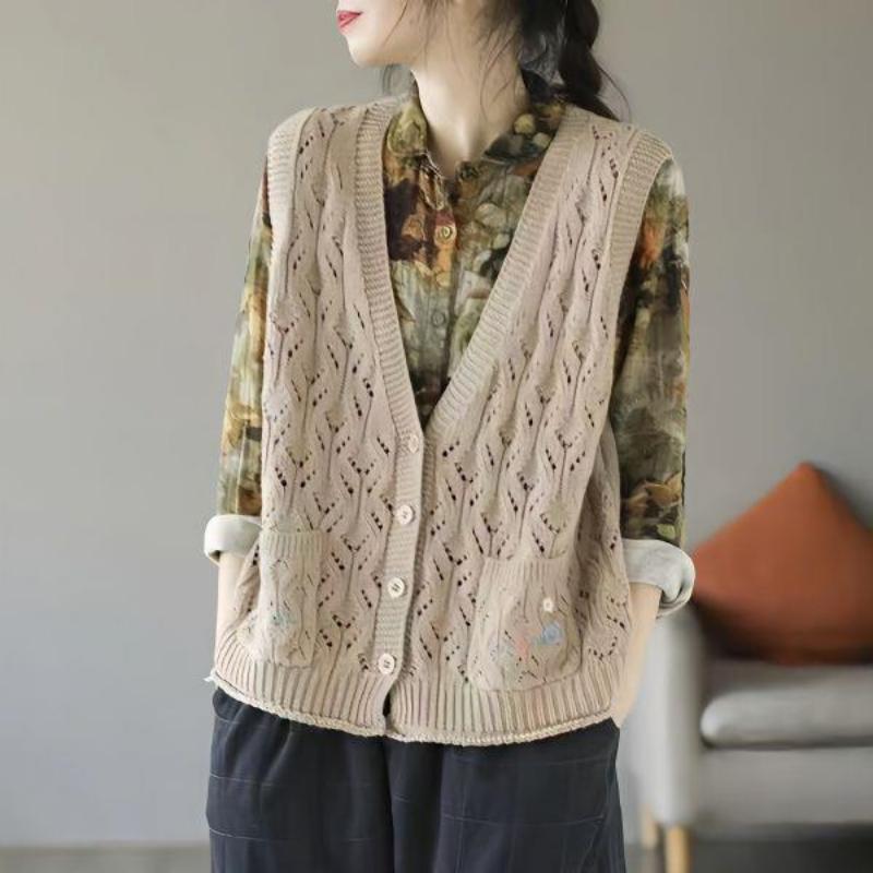 Cheap Hollow out Embroidery Flower Casual Knitted Cardigan Vest Horse Jacket Women Tank Top Spring and Autumn Loose Vest Sweetheart Joom