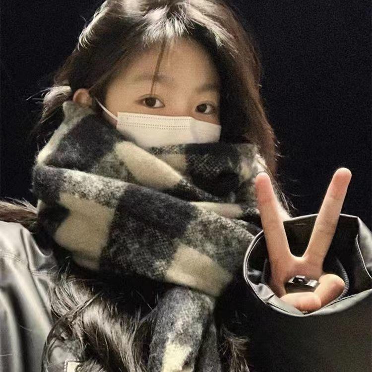 Korean Style Plaid Thickened Winter Shawl Scarf for Women