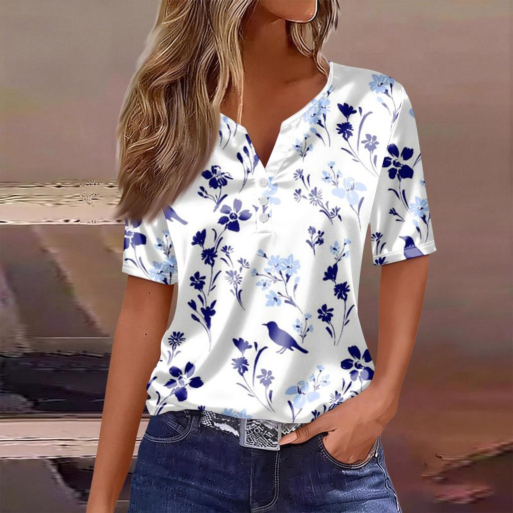 Dammode Casual Retro Tryck Krage Kortärmad Knapp T-shirt Topp