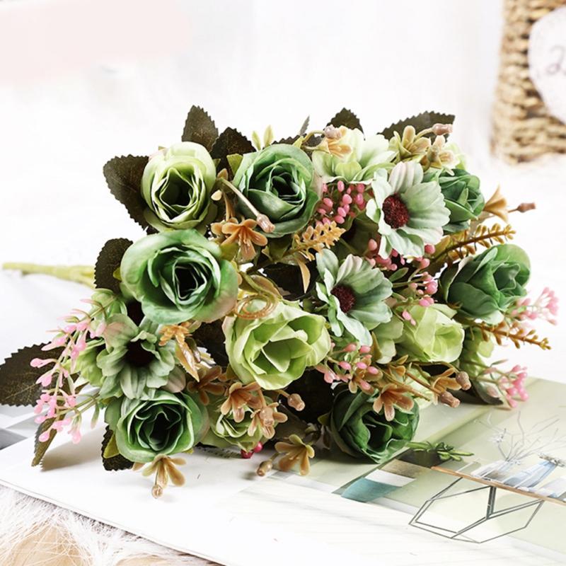 1 bunter Roser Kunstige blomster Daisy Silke Blomster Bukett for Hjem Innendørs Veranda Vindu Bryllupsbord Midtpunkter Vase Dekor
