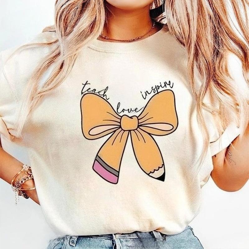 Cute cartoon pencil bow print Tshirt casual round neck short sleeved versatile Womens Tshirt