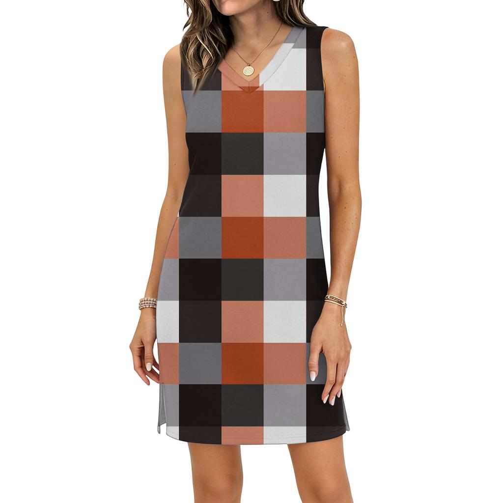 Women's Casual V-neck Sleeveless Split Hem Plaid Print Dress