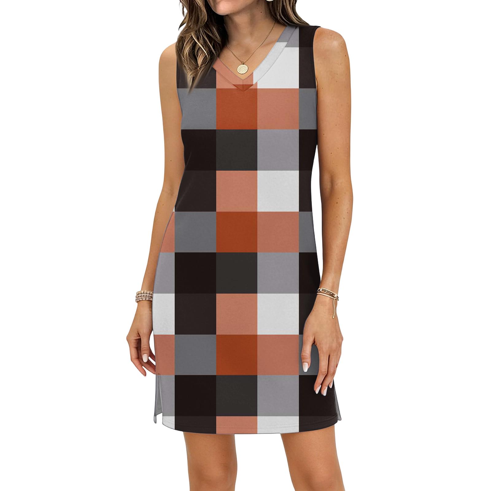 Women s Casual V-neck Sleeveless Split Hem Plaid Print Dress M оранжевый