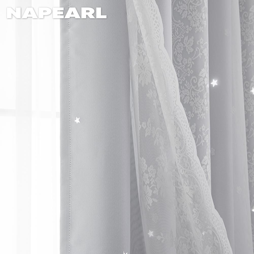 A Set of NAPEARL Grey Hollow Star Blackout Curtain and Lace Sheer Curtains Double-layer Short Curtains for Living Room Bedroom Home Decor