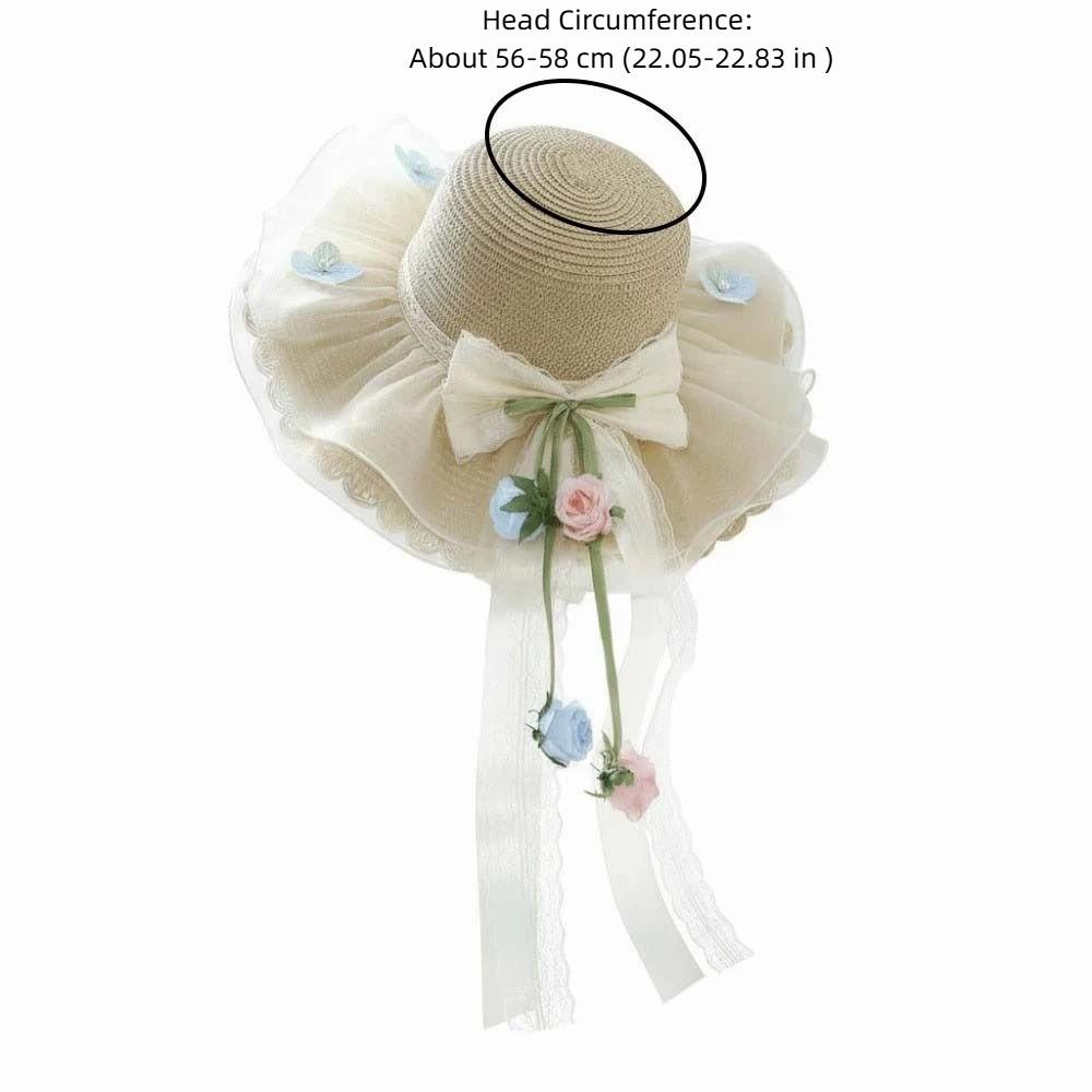 Elegant Rose Ruffle Edge Straw Hat Lace Ribbon UV Protection Woven Sun Cap Lightweight Design Breathable Mesh Beach Visor