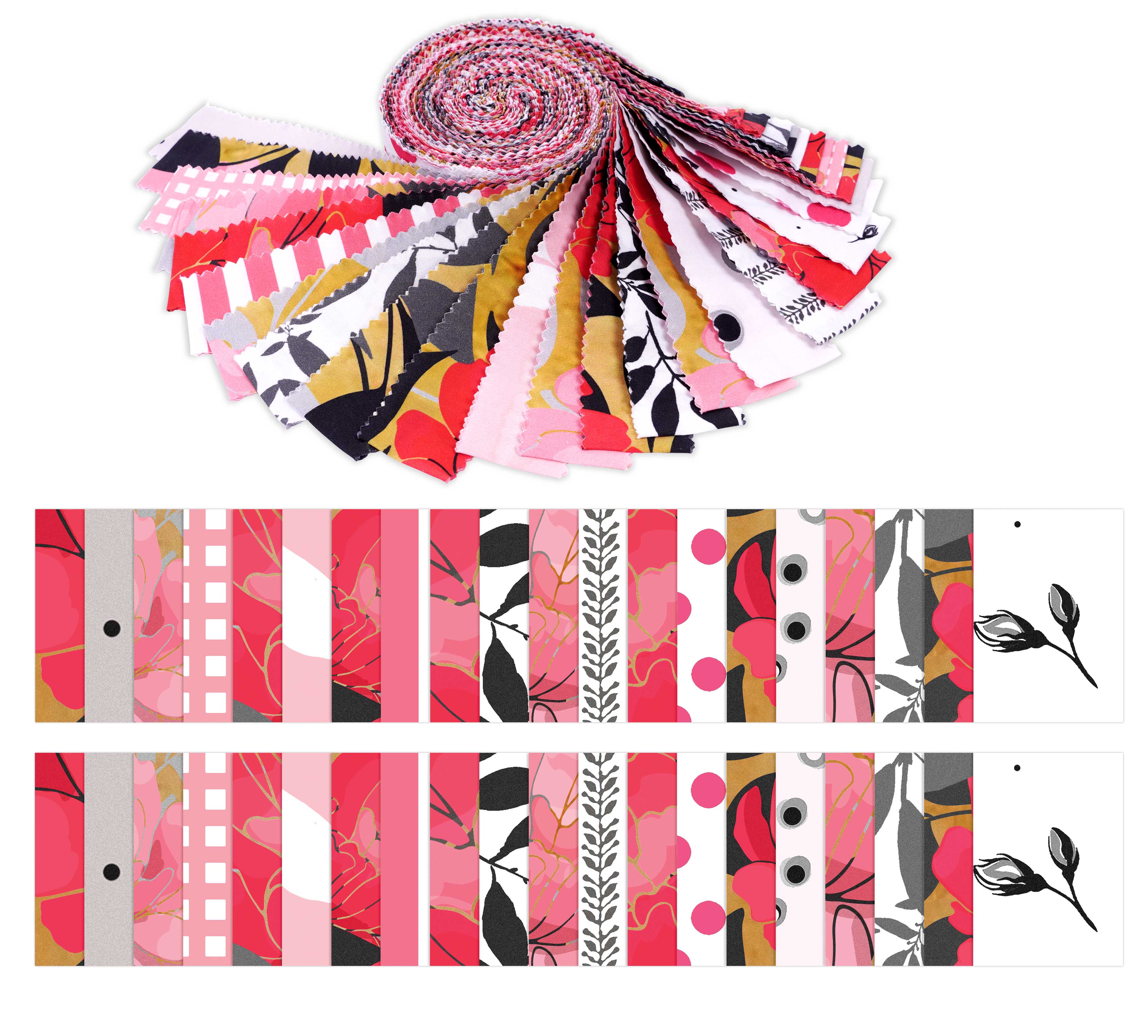 

Soimoi, 40 шт. бавовняної тканини з квітковим принтом для стьобання, 2,5 x 42 дюйма, желейний рулон - рожево-білий і 1.5x42 inches