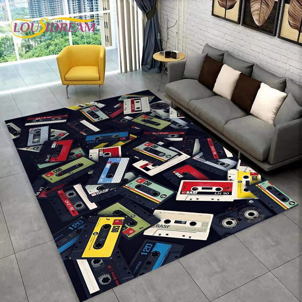 Alfombra de Área Grande con Patrón de Cinta de Cassette de Música Retro, Alfombra para Sala de Estar, Dormitorio, Sofá, Felpudo Decorativo, Felpudo Antideslizante
