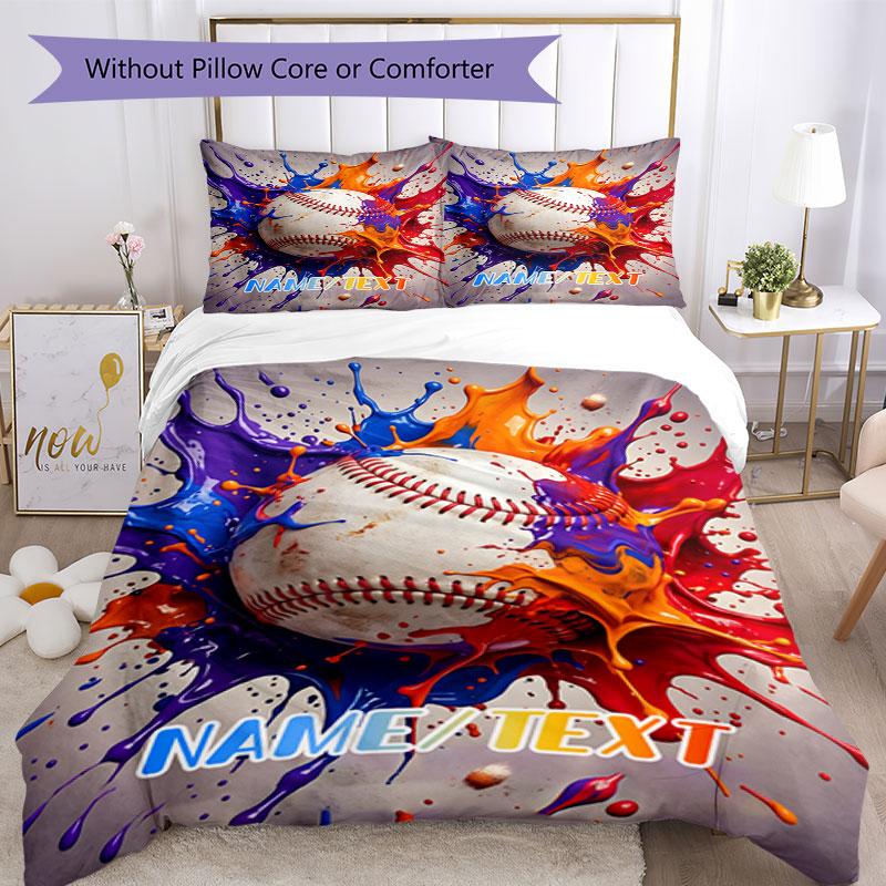 3PC Custom Name Baseball Splash Artwork Bedding Set Printed Bedding Set Duvet Cover Closure Includes 1 Duvet Cover & 71 Pillowcases for Bedroom