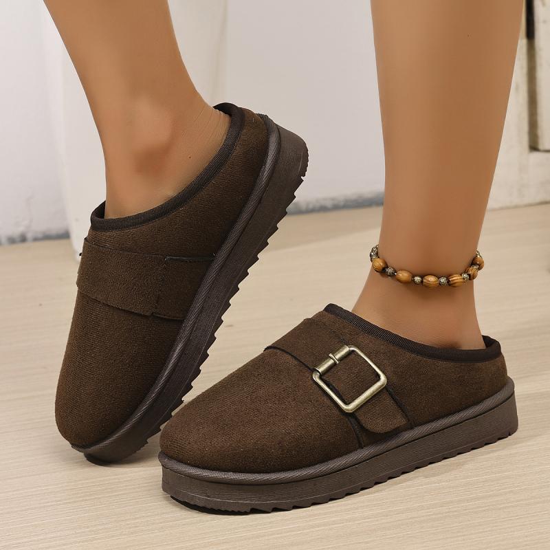 Fashion Fashion Metal Buckle Close Toe Cotton Outdoor Slippers Women 2025 Short Plush Thick Bottom Snow Boots Warm Winter Shoes Women