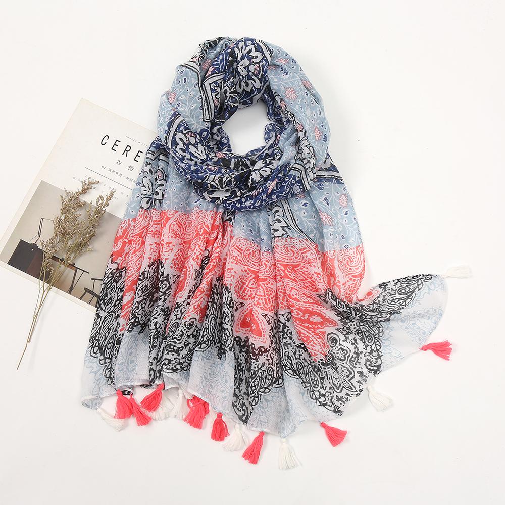 Newest Flower Printed Scarf Hijabs Tassels Women Shawls Cotton Muslim Hijab Headscarf Wraps Large Size Fashion Head Scarves