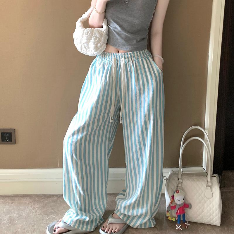 Bilateral Pocket Tie Rope Pajama Pants for Women Loose Wide Leg Pants Korean Style Outside Home Trousers Sleeping Pants Striped