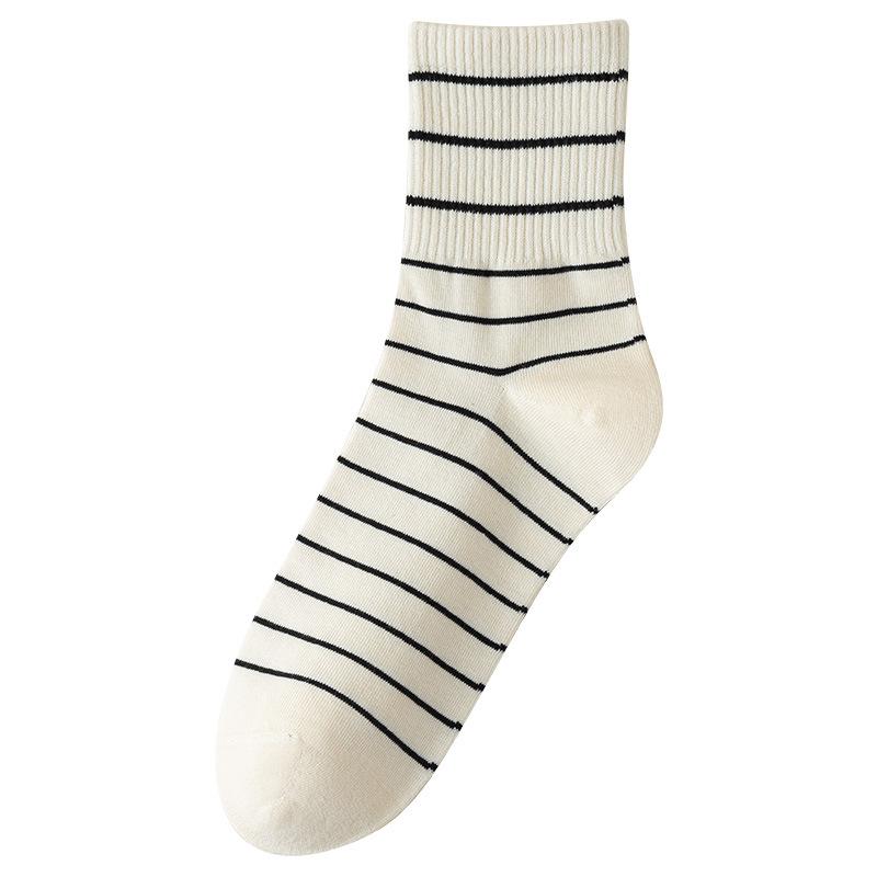 Women's Spring Mid-calf Socks, White Socks, Striped, Durable, Anti-pilling Long Socks, Casual Boneless Socks, Cotton Socks