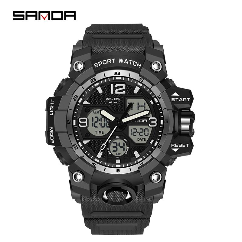Fashion SANDA 6030 Men's Electronic Watch Outdoor Sports Multi functional Dual Display Waterproof LED Men's Electronic Watch