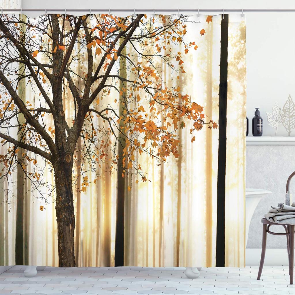 Autumn Shower Curtain,Fall Season Theme Forest Tree Leaves on An Abstract Woodland Background Bathroom Curtains with Hooks