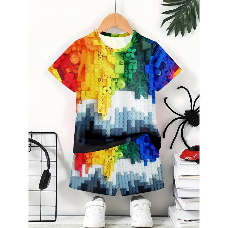 2025 Kinderbekleidung 3D Bunte Bausteine Sommer Tops Kinder Sets Kurzarm Kinder Trainingsanzug Sets Mode Jungen