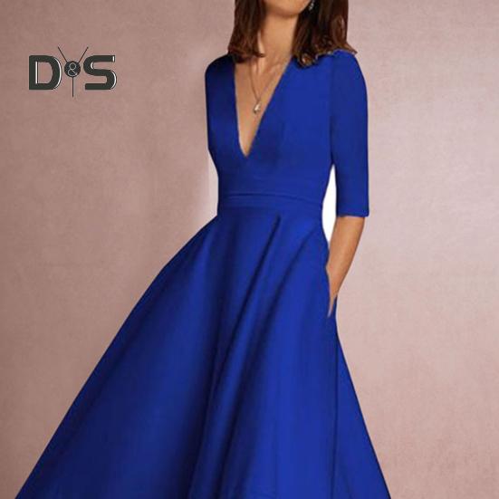 Women Midi Dress Deep V Neck A-line Flowy Hem Solid Color Half Sleeves Pure Color Dating Dress Prom Party Banquet Evening Dress