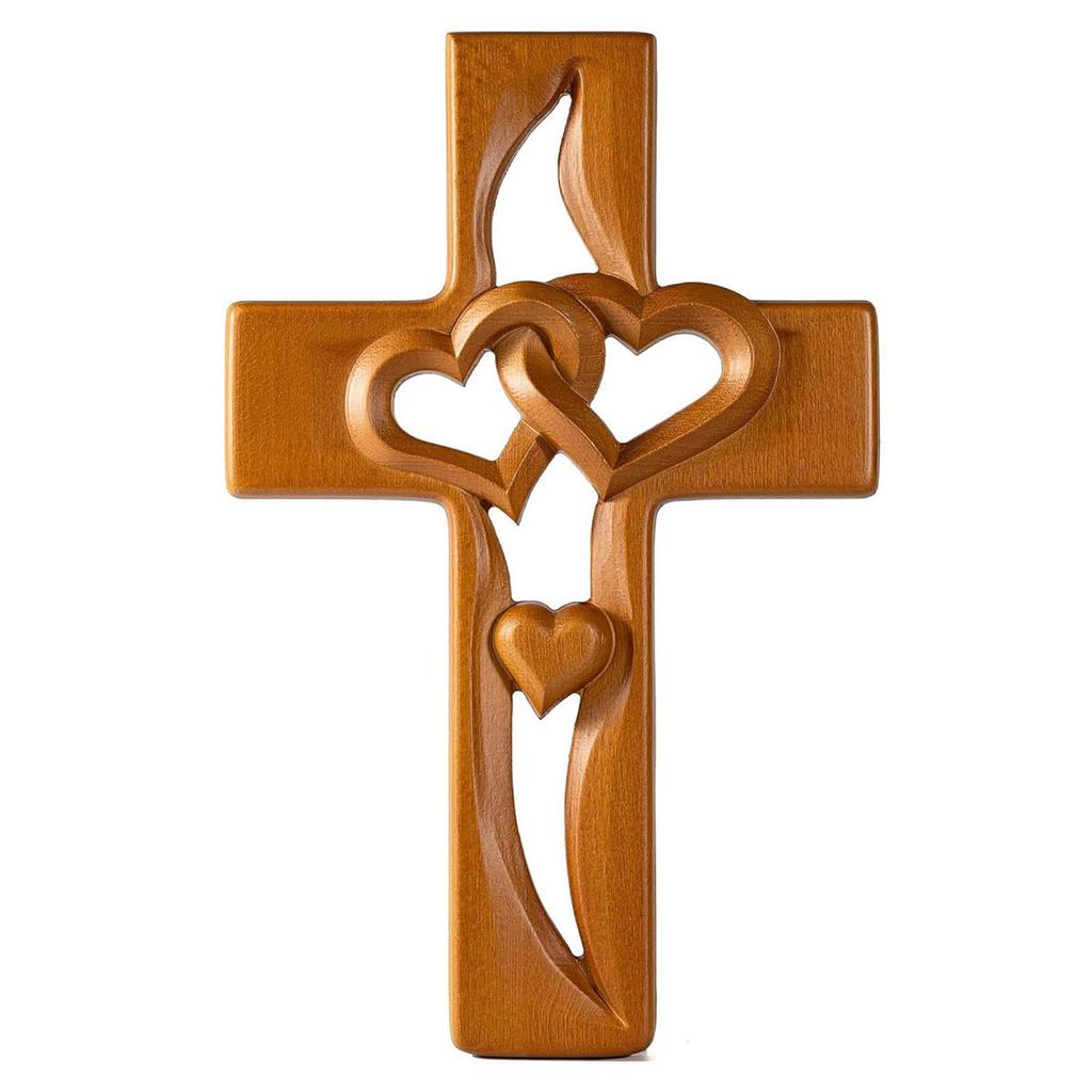 Hand-Carved Intertwined Heart Wooden Cross Handmade Wood Hanging Cross Wall Decor Marriage Cross for Wedding Valentines Day Gift