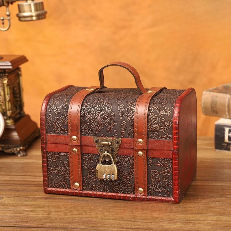 Retro Dragon Pattern Wooden Storage Box With Metal Lock For Storage Desktop