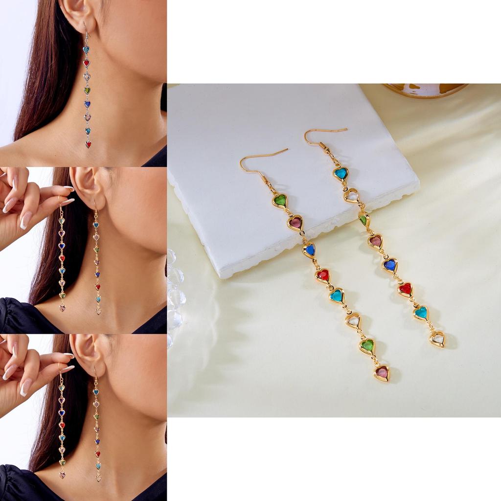 Heart Shape Copper Drop Earrings With Crystals And Tassels For Fashionable Women