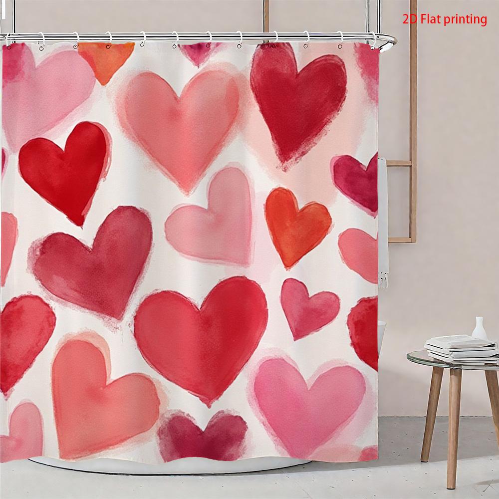 Watercolor Heart Shower Curtain Pink Red On Waterproof Polyester Bath Curtain With Hooks For Valentine'S Day Bathroom Decor
