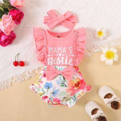 Fashion Letter Print Ruffle Sleeve Baby Bodysuit + Shorts  +Headband 3PCS for 0-18M Newborn Baby Girl Outfit Summer Casual Clothes Set